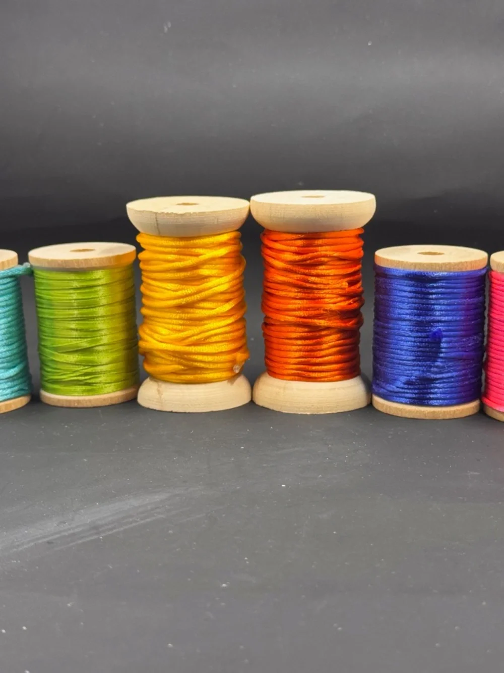 Six Wood Spools of Vibrant Satin Rattail Cording Spools for Crafts